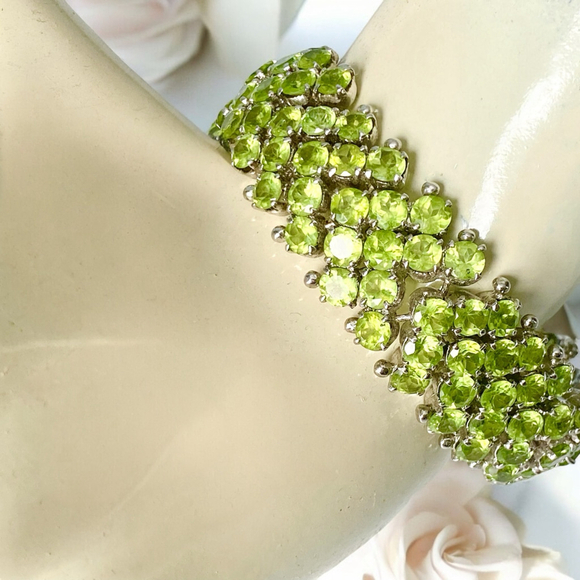 Encrusted Sterling & Natural Green Peridot Gemstone Bracelet, August Birthstone - Picture 8 of 11
